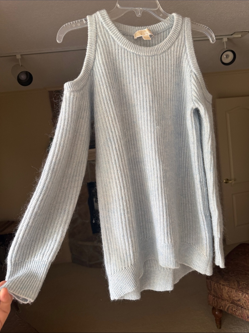 Michael Kors Light Blue Cold-Shoulder Ribbed Sweater